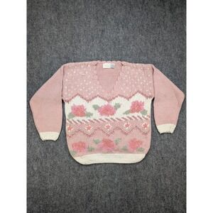 Vintage Needles & Yarn Floral‎ Knit Sweater Pink Rose Medium Grannycore Cottage